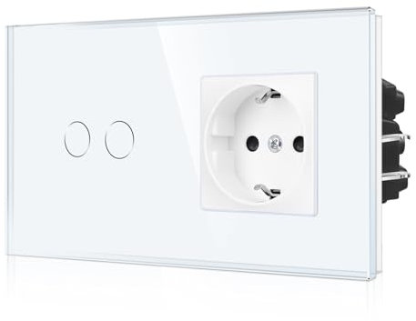CNBINGO Interruptor de luz táctil y Enchufe con Pinza de Enchufe, Enchufe Schuko Empotrado, Interruptor de Pared Doble con Estado LED y Panel de Cristal, 2 Compartimentos