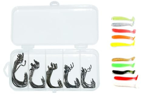 Lot de 50 hameçons de pêche, 10 leurres de pêche souples, CuiCanfla avec ardillon - Avec boîte en plastique - Accessoires de pêche pour eau salée et eau douce