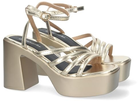 81635-Sandalias de Plataforma para Mujer, Comodas, con Tiras en la Pala, Cierre de Hebilla, Elegantes Eventos Especiales. Talla 37 Oro