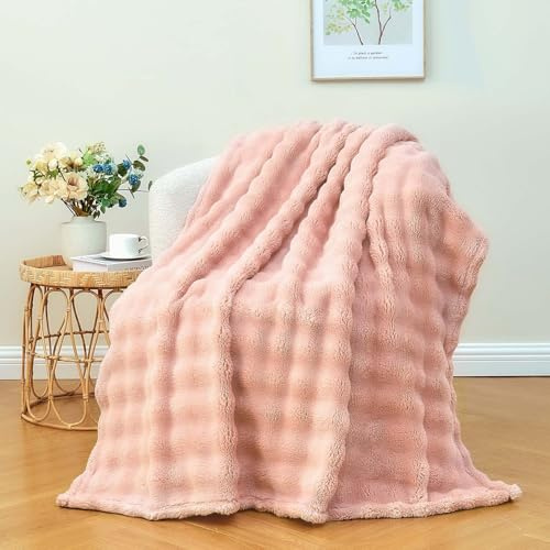 Wajade Manta de franela mullida de piel sintética con burbujas rosas, súper suave, cálida, manta grande para cama, sofá o coche, 153 x 203 cm