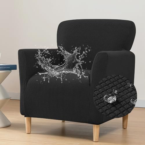 Highdi Stretch Sesselbezug aus Wasserdichter Jacquard Sesselhusse Sesselschoner rutschfest Sofa Überzug 1 Sitzer mit Armlehnen, für Relax-Sessel, Cocktailsessel, Clubsessel (Schwarz)