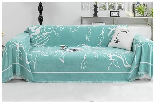 Epinki Sofa Überwurfdecke, 180x180CM Sofahusse Ohne Armlehne mit Quaste Geometrische Muster Muster, Superweiche Sofahusse aus Chenille für Wohnzimmer Protector & Hunde Haustiere, Grün Weiß
