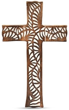 Mahasu Kreuz, Mangoholz, Wandkreuz, handgefertigt, Wandkruzifix mit Handschnitzereien, Kreuz für Zuhause, Wohnzimmer, Dekoration (25,4 x 15,2 x 1,9 cm)