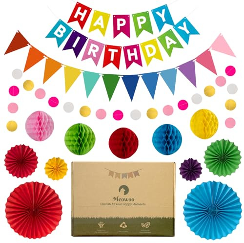 Meowoo Geburtstagsdeko, Regenbogen Geburtstag Party Deko - Happy Birthday Girlande, Wimpelkette, Wabenblumen, Papierfächer - Wiederverwendbare Deko Geburtstag für Männer und Frauen