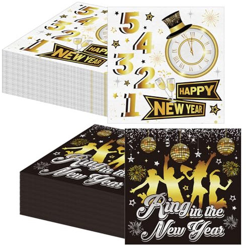 HOWAF 40 Serviette Papier Nouvel An 2026, Serviettes Happy New Year Serviette de Table Papier Jetable pour Deco Jour de l'An, Decoration Nouvel An 2026, Decoration Table Bonne Année, Noir Or