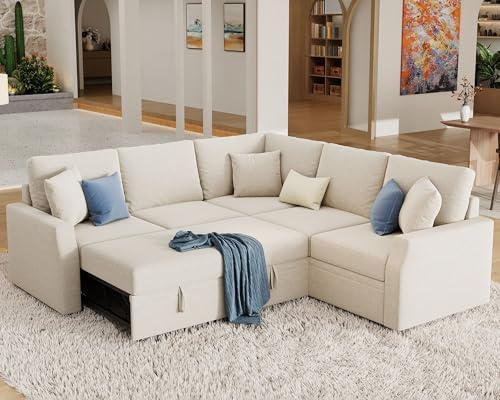 Jocisland Sofa Bed, 85 Inch Sleeper Sofa with Pull Out Bed & Storage Seat, Reversible L Shape Sectional Couch for Living Room Apartment, Beige Linen Oversized Sofa