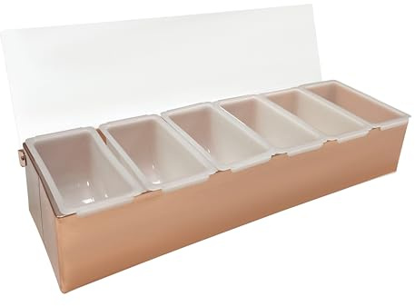Beaumont 6 Compartment Condiment Holder Copper Plated - Lightweight, Clear Lid, Removable Inner Trays for Easy Clean, Kitchen Garnishes and Ingredients Organiser | Removable inner trays allow ice to be added underneath for chilled conservation, keeping kitchen garnishes organized.