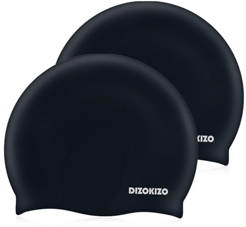 Dizokizo 2pcs High Elasticity Silicone Swim Cap for Women and Men, Comfortable Non-Slip Swimming Caps for Long and Short Hair, Durable Waterproof Swim Hats for Adults, Keep Hair Dry (Black)