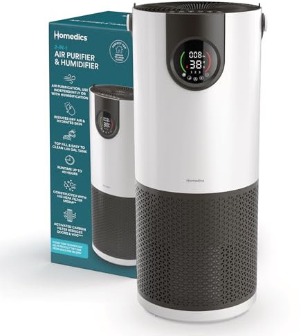 Homedics Humidificador de niebla fría y purificador de aire 2 en 1: humidifica y purifica el aire, sensor digital de calidad del aire, modo automático, elegante diseño de torre, ideal para