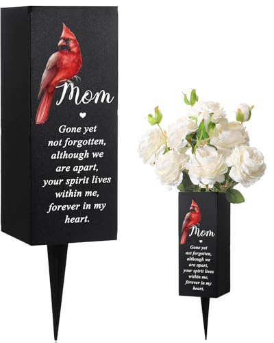 Hushee Memorial Grave Decorations Cemetery Cardinal Flower Vase Metal Gravesite Flower Holder with Spike Graves Metal Funeral for Loss of Loved One Cemetery Outdoors Yard Garden(Mom)