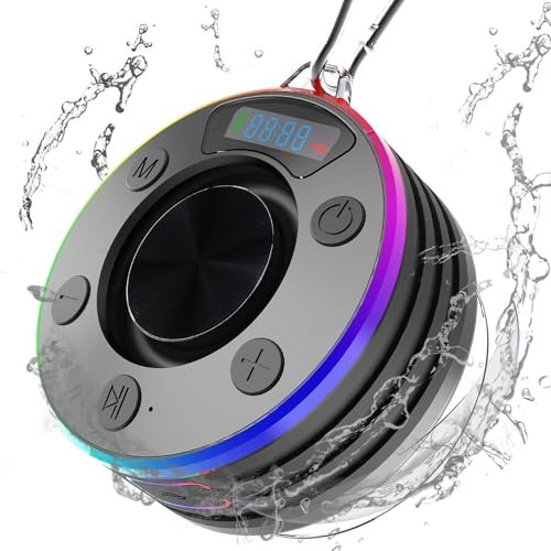 Enceinte Bluetooth Puissante sans Fil, Enceinte Bluetooth Douche Portable, IPX7 avec Ventouse, Stéréo 360° avec Mic HD, Appel Mains Libres, Affichage de l'heure, Lumière LED pour Extérieur