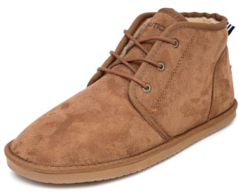 Nautica Men’s Warm Ankle Boot Slippers – Fleece Lined Lace Up Winter House Shoes, Comfortable Indoor Outdoor Cold Weather Booties-Dulverton-Tan, Size 11