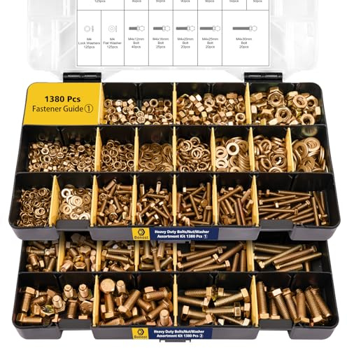 Bonost Assortiment de 1380 écrous et boulons – M4 M5 M6 M8 très résistants de qualité 8,8 métriques avec écrous et rondelles assortis, plaqué zinc, longueur de 12 à 30 mm
