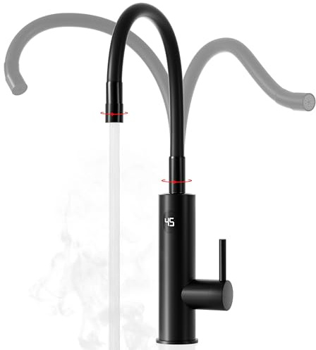 Wasserhahn mit Durchlauferhitzer, 2 Strahlarten Flexibler Auslauf, Schwarz | 3200W Elektrischer Durchlauferhitzer Wasserhahn Küche, Elektrische Küchenarmatur Edelstahl mit LCD Temperaturanzeige
