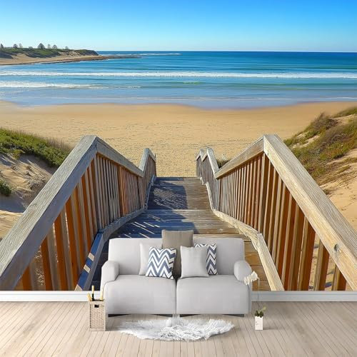 papel pintado mural Escaleras de madera en la playa Papel pintado no tejido Vistoso Murales de decoración del hogar para dormitorios infantiles 250 x 175 cm Fotomural panorámico para dormitorio