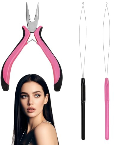 3 PCS Professional Nano Hair Extension Pliers,Hair Extension Pliers for Removal Tongs Set Includes 1 Pliers and 2 Threaders,Mini Hair Extension Tool for Nano Ring Hair Extensions