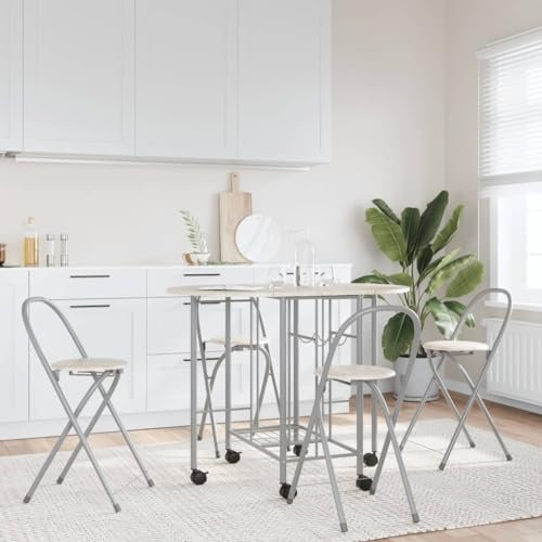 SDWEHO7 Ausklappbarer 5-teilige Essgruppe, Esstisch mit 4 Stühlen, Küchentisch mit Rollräder mit Bremsen, Frühstücksbar-Set für Küche und Esszimmer, MDF