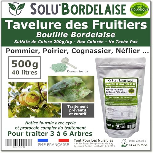 Solu'Bordelaise - Tavelure des Fruitiers - 500 g de Bouillie Bordelaise Non Colorée - Fongicide Polyvalent à base de Sulfate de Cuivre 200 g/kg - Doseur Inclus - Utilisable en Agriculture Biologique