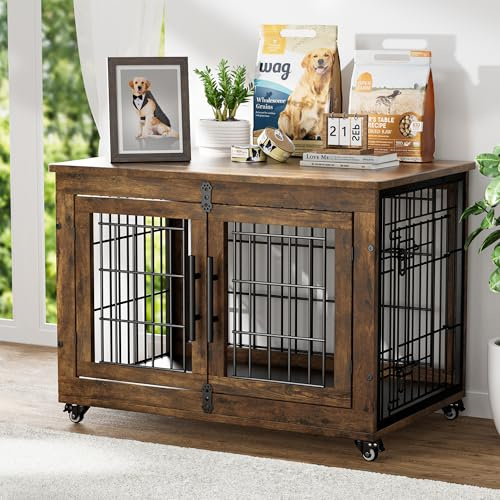 GIKPAL Hundebox für Zuhause mit Kissen, 83cm Hundekäfig Möbel für Drinnen mit Doppeltüren und Rädern, Moderne Hundehaus Holz für Klein, Mittlere Hunde bis zu 45 lb, 83x56x64cm, Rustikales Braun