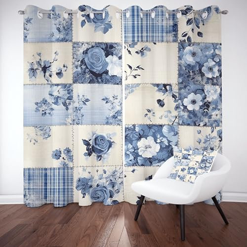 YGcegcia Patchwork Gitter Ösenvorhang, Blumenmuster Floral Gardinen Thermovorhang, Vintage Nostalgie Vorhang Verdunklungsvorhänge 2er Set für Kinderzimmer Schlafzimmer, H183 x B117 cm