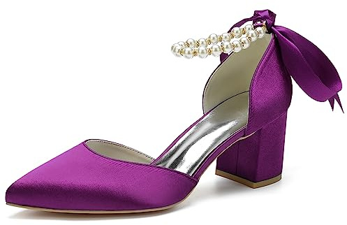 HFWXYSA Women's Satin Low Block Heel Dress Shoes Pointed Toe Chunky Heel Ankle Strap with Pearl Crystal Wedding Bridal Shoes,Purple,6 UK
