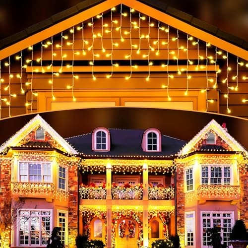 Elegear Icicle Outdoor Christmas Lights Mains Powered with Timer/Memory Fuction, Waterproof Plug in Curtain Fairy Lights for Xmas Window Patio Balcony Eaves Decoration, 10M 400 LED, Warm White