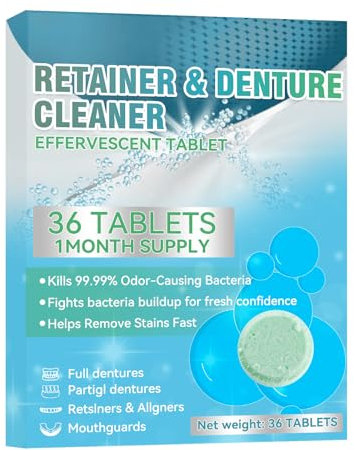 Retainer, pastiglie detergenti, 36 compresse, confezione mensile, pastiglie per la pulizia delle protesi, deodorante per menta, pulitore orale per retainer, aligner, paradenti e stecche notturne