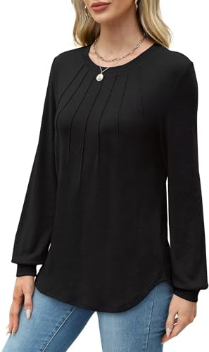 WIHOLL Tunic Tops for Women UK Ladies Long Sleeve Tops Casual Sweatshirts Pleated Crew Neck Blouses Tshirts Fall Winter Black L