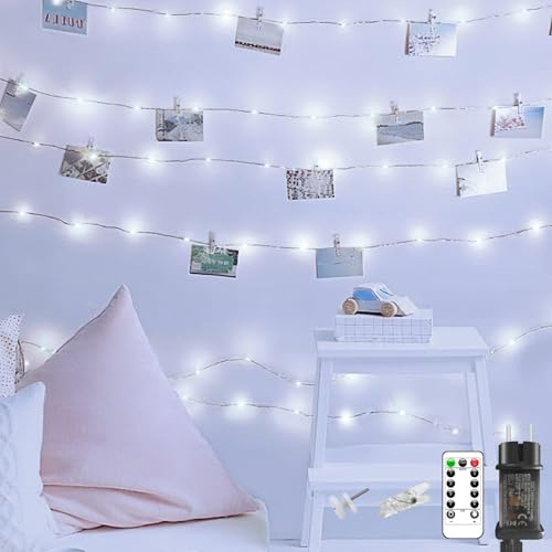 litogo Fotoclips Lichterkette für Zimmer Deko, 5M 50 LED Fotowand Lichterkette mit Steckdose und Fernbedienung, 8 Lichtmodi 30 Klammern Lichterkette Innen Außen Deko für Mädchen Geschenk Weihnachten