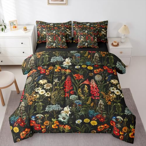 Erosebridal Chic Floral Queen Comforter Set Spring Summer Natural Flower Bed in a Bag with Flat and Fitted Sheet Leaves Fresh Botanical 7-Piece Bedding Set Full Size Flowers Garden Quilt Duvet Sets