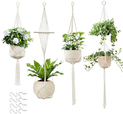 puiaxod Suspension Plante 4 pièces, Macramé Pot Suspendu Panier en Corde Coton, Macrame Support pour Plantes Fleurs, pour Interieur, Extérieur, Jardin, Balcon, Patio, Fenêtre, Beige