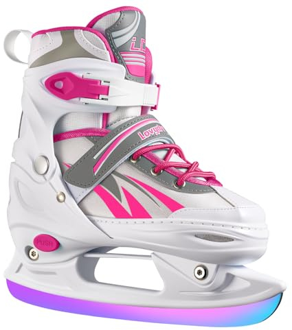 Lovydro Adjustable Kids Ice Skates for Girls Boys, 4 Size Adjustable Beginners Ice Hockey Skates for Children Youths Teen Ages 3-12, Toddler Girls Ice Skating Shoes with Comfortable Lining, White Pink
