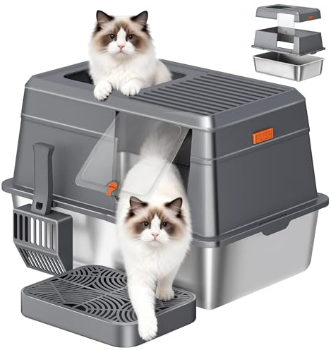 Fobyfurny Stainless Steel Cat Litter Tray with Lid, XXL Metal Cat Litter Tray, with Foot Step and Scoop, Easy Clean, Dual Entry, Removable, 60L x 40W x 38H cm, Dark Grey, FPLB204SG2