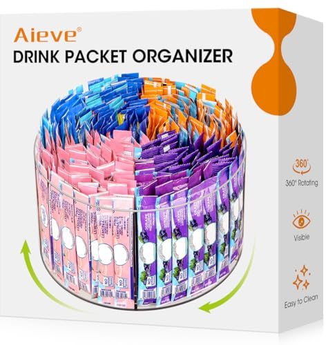 AIEVE Drink Packet Organizer, Lazy Susan 360° Turntable Organizer for Drink Mix Hydration Packets, Water Flavor Acrylic Container Tea Bag Holder for Kitchen Storage Organization