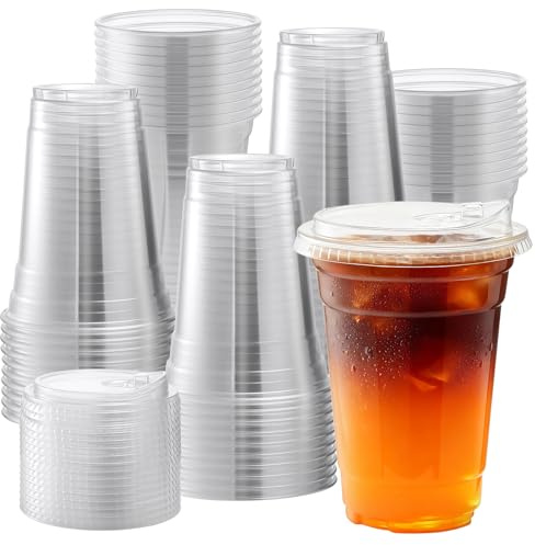 Goodluck Plastic Cups with Lids | 50 Pack 16oz/454ml Clear Cold Drinks Iced Coffee Plastic Cup for Smoothies,Milkshakes,Iced Tea-Summer,Party,Picnic,Takeaway