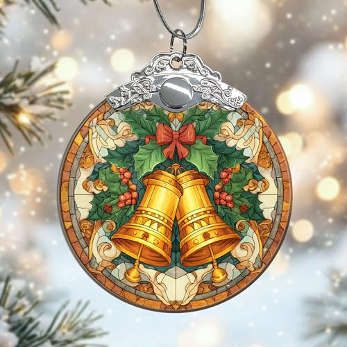 Bells - Decorazioni natalizie in vetro, nastro di agrifoglio dorato da appendere all'albero di Natale, decorazione per camino, camera da letto, finestra, festa, 7,6 x 7,6 cm