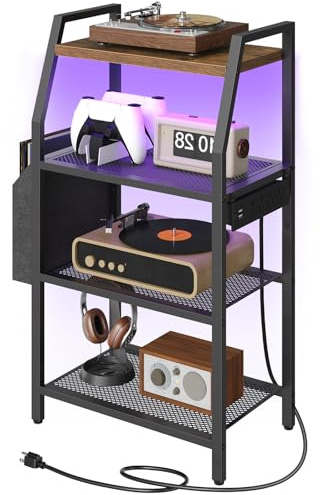 MAHANCRIS Game Console Shelf, Gaming Console Stand with Outlet & LED Lights | 4-Tier AV Media Stand, Stereo Cabinet, Audio Rack Video Tower with Side Storage Bag for PS5/Xbox/DVD Player