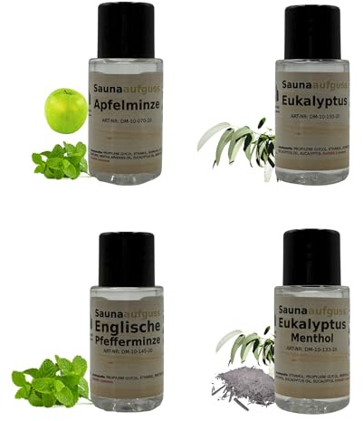 Dufte Momente Saunaaufguss 4er Set – Frische Klassiker – je 20 ml – Apfelminze, Eukalyptus, Pfefferminze, Eukalyptus-Menthol – DVN:5204 getestet – konzentriert & ergiebig – Made in Germany