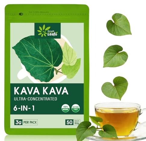EnrychLeafo Kava Kava Tea Bags for Calming & Relaxation, Sleep Support, Eco-Friendly Bleach-Free Teabags, 6-in-1 Blend, 50 Count