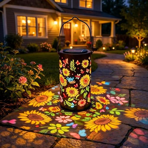 Colourful Sunflower Glow Solar Garden Lantern, Waterproof Metal Hanging Solar Lights Outdoor Garden Ornaments, Unique Birthday Gardening Gifts for Women Mum, Patio & Yard Decor (Warm Colors)