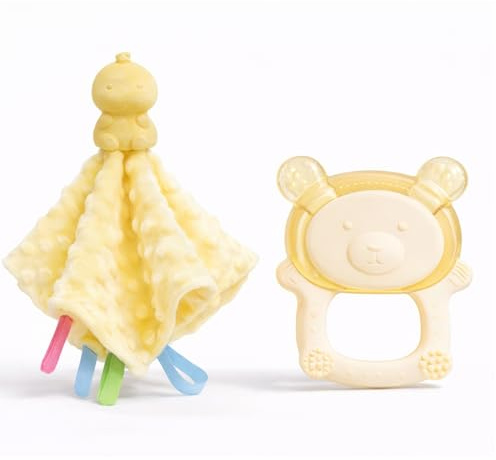 Bloomé Baby Teething Gift Set for Newborns – Baby Security Blanket Comforter with Silicone Topper + Cooling Bear Teether Ring – BPA Free Sensory Toy, (Yellow/Blue/Grey) (Milky Yellow Set)