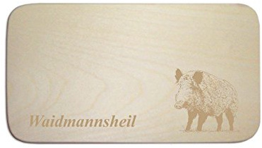 Breakfast board with wild boar and German text: “Waidmannsheil” (English: good hunting)