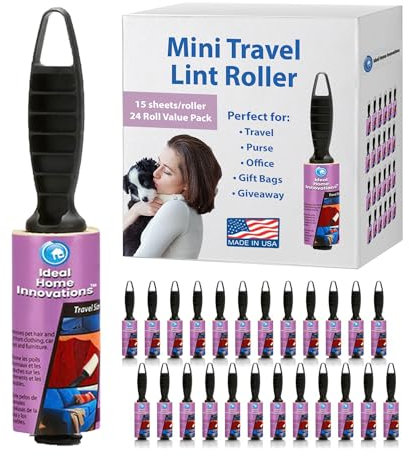 Ideal Home Innovations Travel Size Lint Roller - 3 Mini Lint Remover for Clothes & Furniture, Extra Sticky Lint Roller for Pet Hair, Fur, Dust - Ergonomic Handle - Made in USA - 15 Sheets, 24-Pack