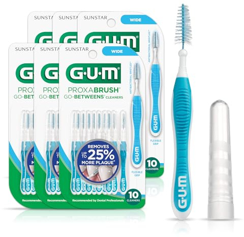 GUM Proxabrush Go-Betweens - Wide - Interdental Brushes - Soft Bristled Dental Picks for Plaque Removal Health - Safe for Braces & Dental Devices, 10 Count (Pack of 6)