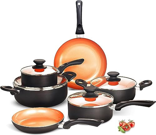 FRUITEAM Juego de 10 utensilios de cocina de cerámica antiadherente, olla de leche y sartenes, sartén de aluminio de cobre con tapa, compatible con gas de inducción, regalos para el día de la madre
