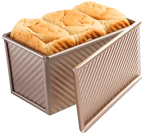 Cayanmydery Pullman Loaf Pan with Lid, Non-Stick Bakeware Golden Corrugated Carbon Steel Bread Toast Box Mold with Cover for Baking Bread, 1 lb Dough Capacity