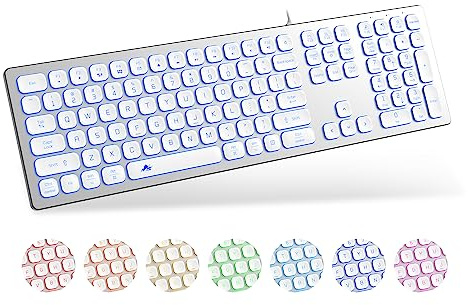 POWZAN Clavier filaire silencieux en aluminium rétroéclairé - Clavier Chiclet fin compatible avec Apple iMac, MacBook, Mac et PC, clavier USB - Clavier numérique RGB - Blanc argenté