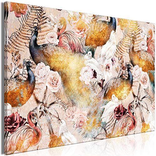 murando - Wandbilder XXL Vintage 120x80 cm Leinwandbild 1 tlg Kunstdruck modern Wanbilder XXL Wanddekoration Design Wand Bild - Pfau Blumen Rose Farn Retro bunt g-C-0356-b-a