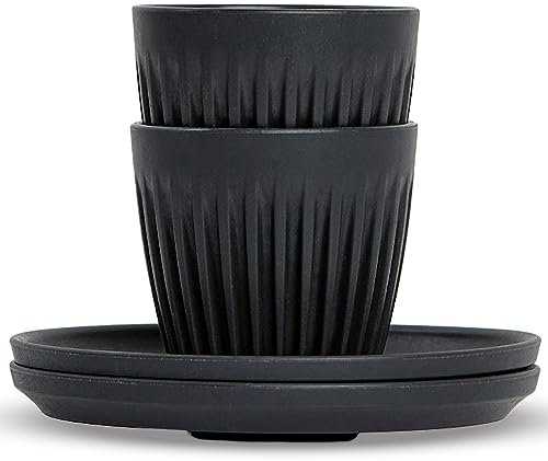 HUSKEE Espresso Cups Set of 2 - Reusable Small Coffee Cups with Unique Fins for Espresso & Macchiato - Insulated Espresso Cups with Saucers Made with Repurposed Coffee Husks - 3 oz., Charcoal