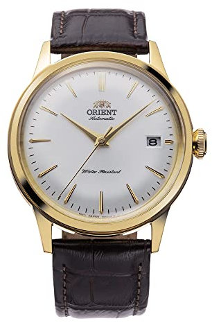 Orient Automatik Herren Armbanduhr aus Edelstahl und Leder in der Farbe Gold-Braun 38mm, Wasserdichtigkeit: 3Bar, RA-AC0M01S10B